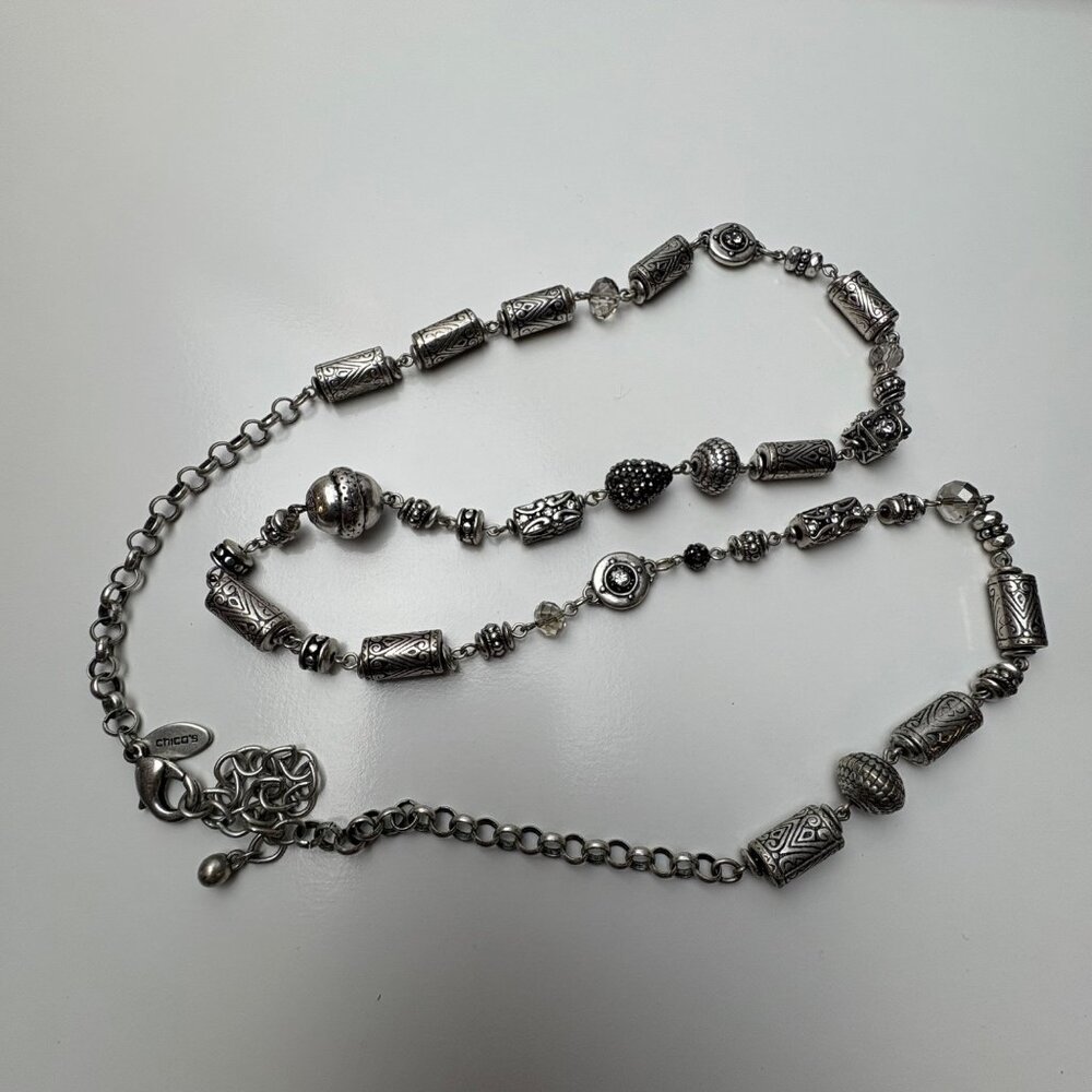 Chicos Silver-Tone Beaded Necklace Intricate Designs & Lobster Clasp 36”